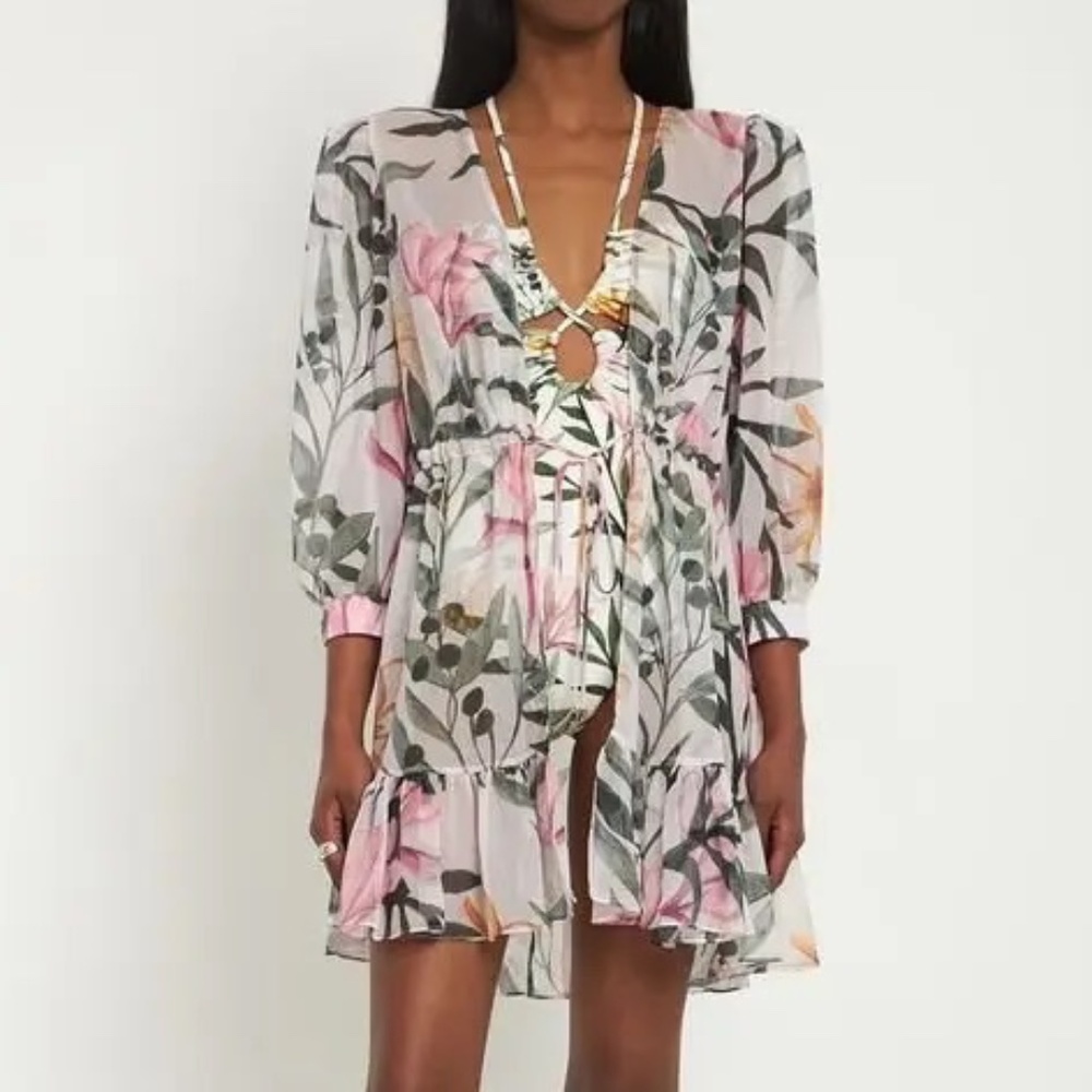 PatBO Women's Jasmin Short Robe Printed Swim Cover Mini Dress - M - Picture 8 of 10